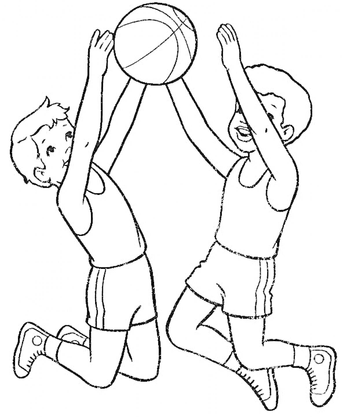 На раскраске изображено: Игра, Спорт, Баскетбол, Активность, Движение, Команда, Для детей, Мальчик, Мячи