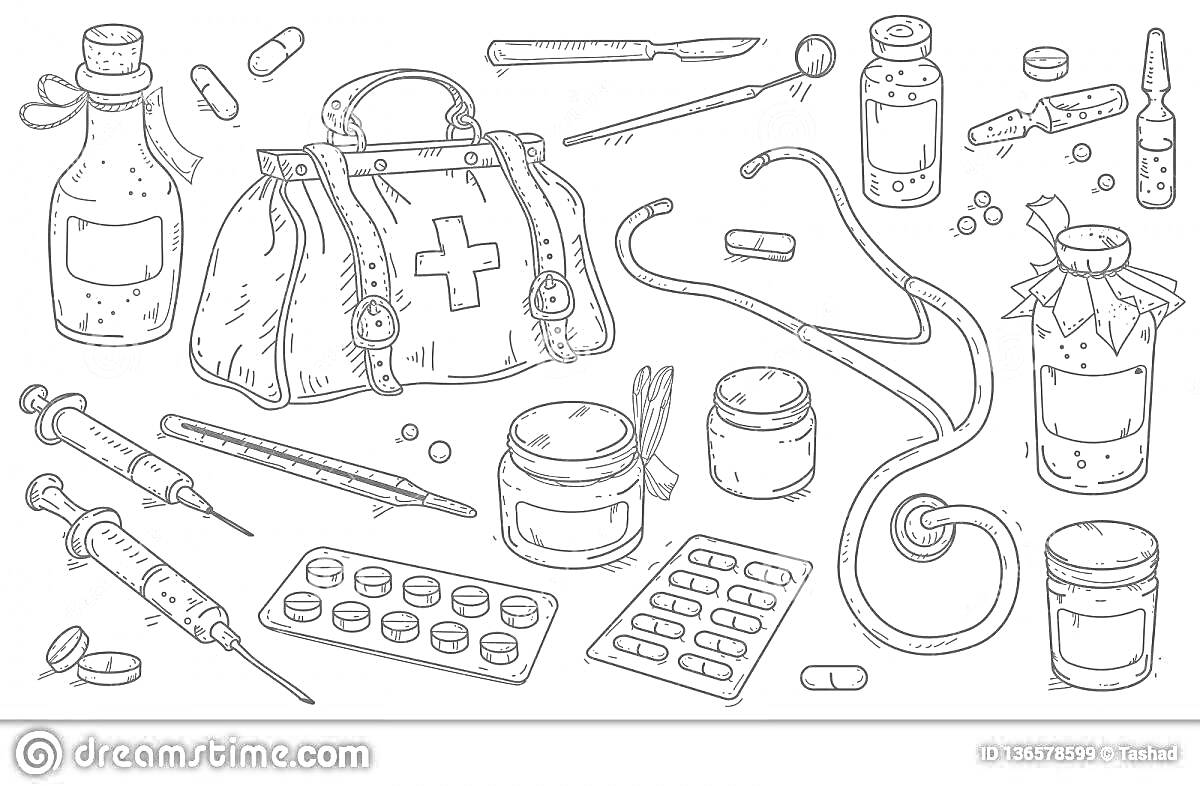 На раскраске изображено: Медицина, Медицинская сумка, Стетоскоп, Лекарства, Таблетки, Шприцы, Ампулы, Скальпель, Пипетка, Медицинские инструменты