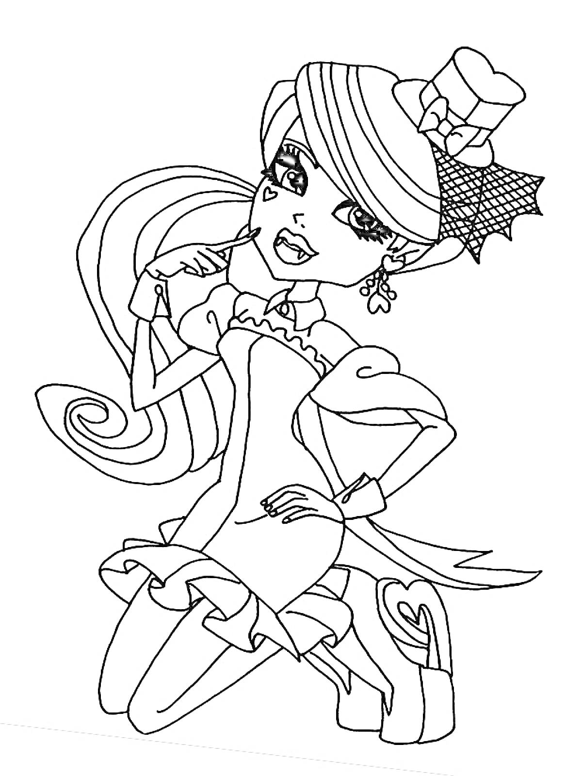 Раскраска Девушка Монстр Хай в платье с шляпой и длинными волосами