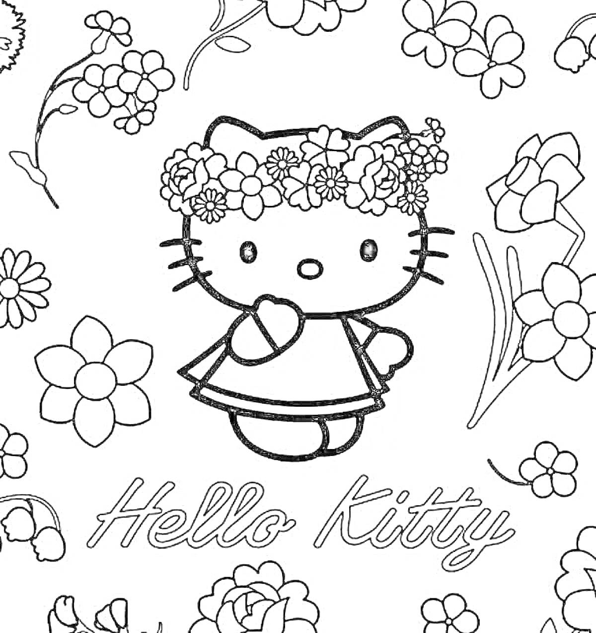 Раскраска Hello Kitty с венком из цветов, окружающая растительность, надпись 