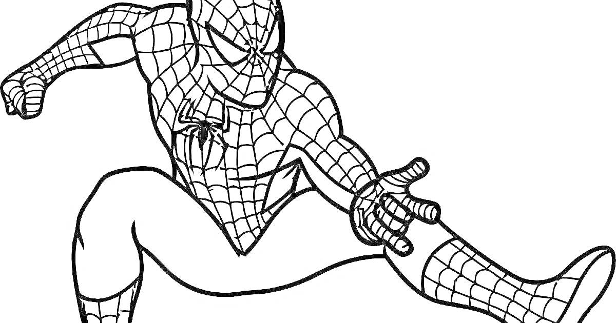 Раскраска Человек-паук в классическом костюме в динамичной позе с вытянутой рукой