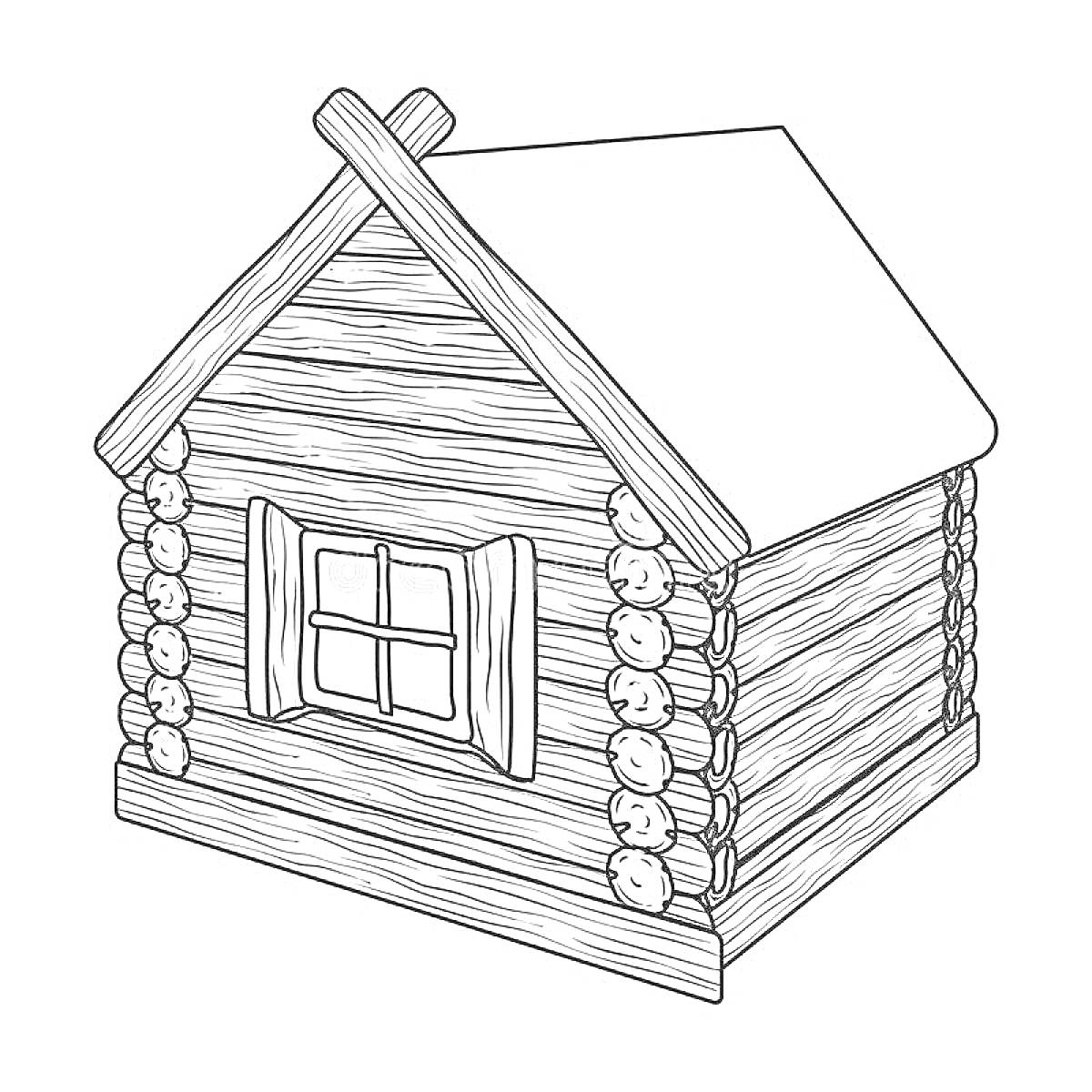 Раскраска Деревянный домик с окнами и фронтоном