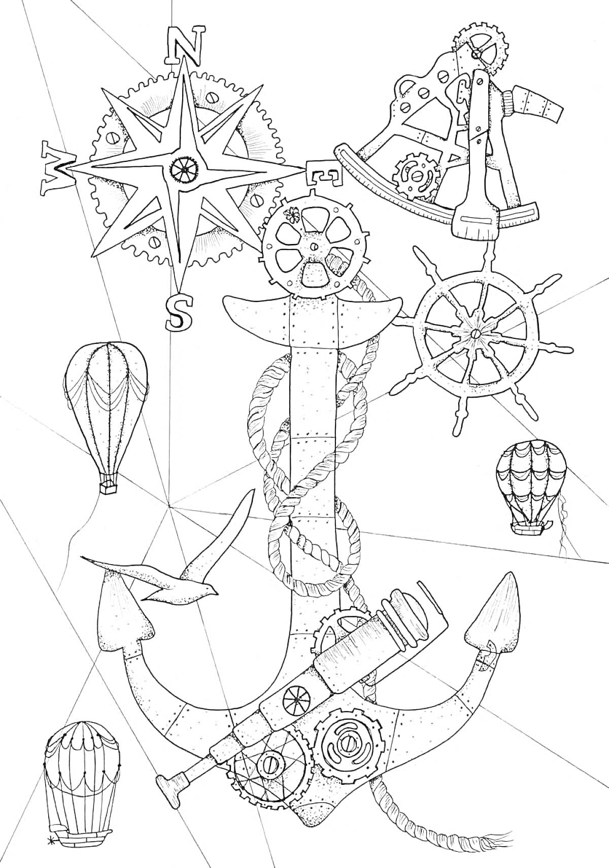 На раскраске изображено: Стимпанк, Воздушные шары, Компас, Штурвал, Шестеренки, Механизмы, Воздухоплавание, Ретро, Корабль