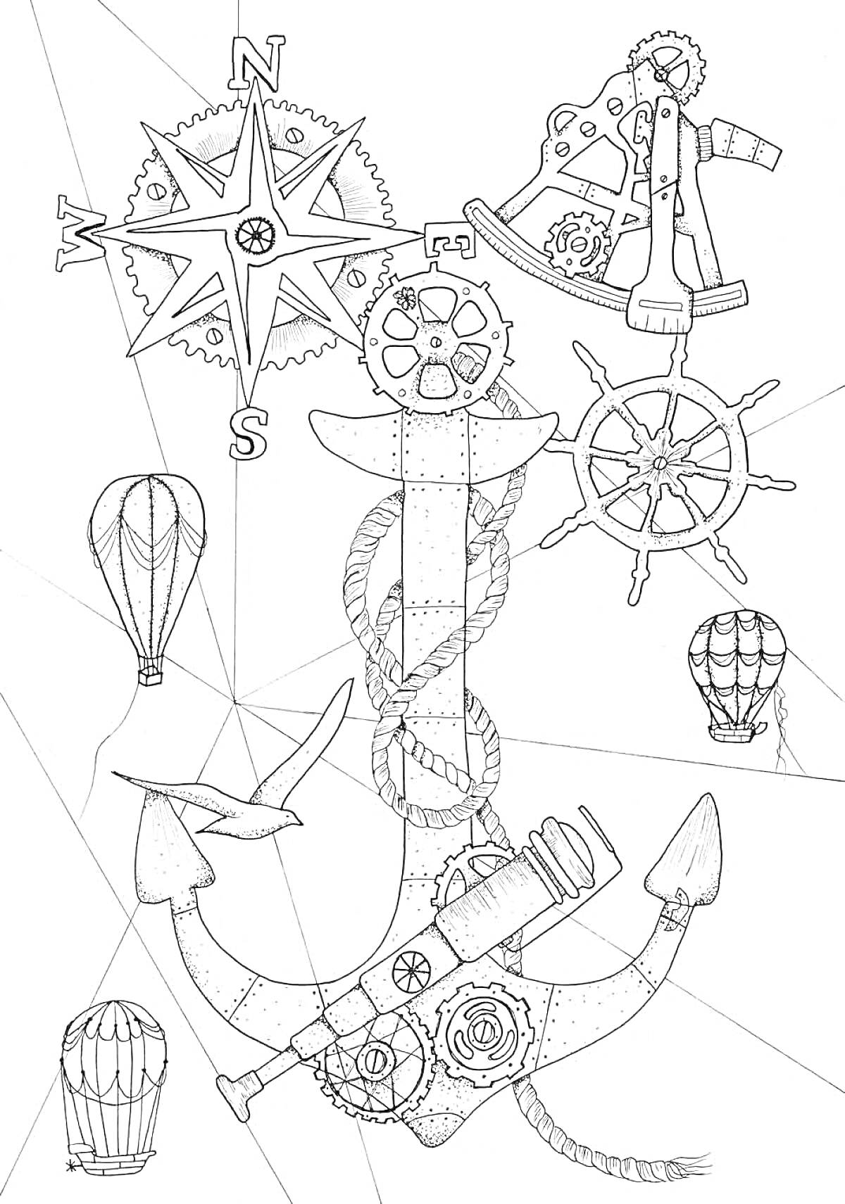 Раскраска Стимпанк якорь с воздушными шарами, штурвалом и компасом