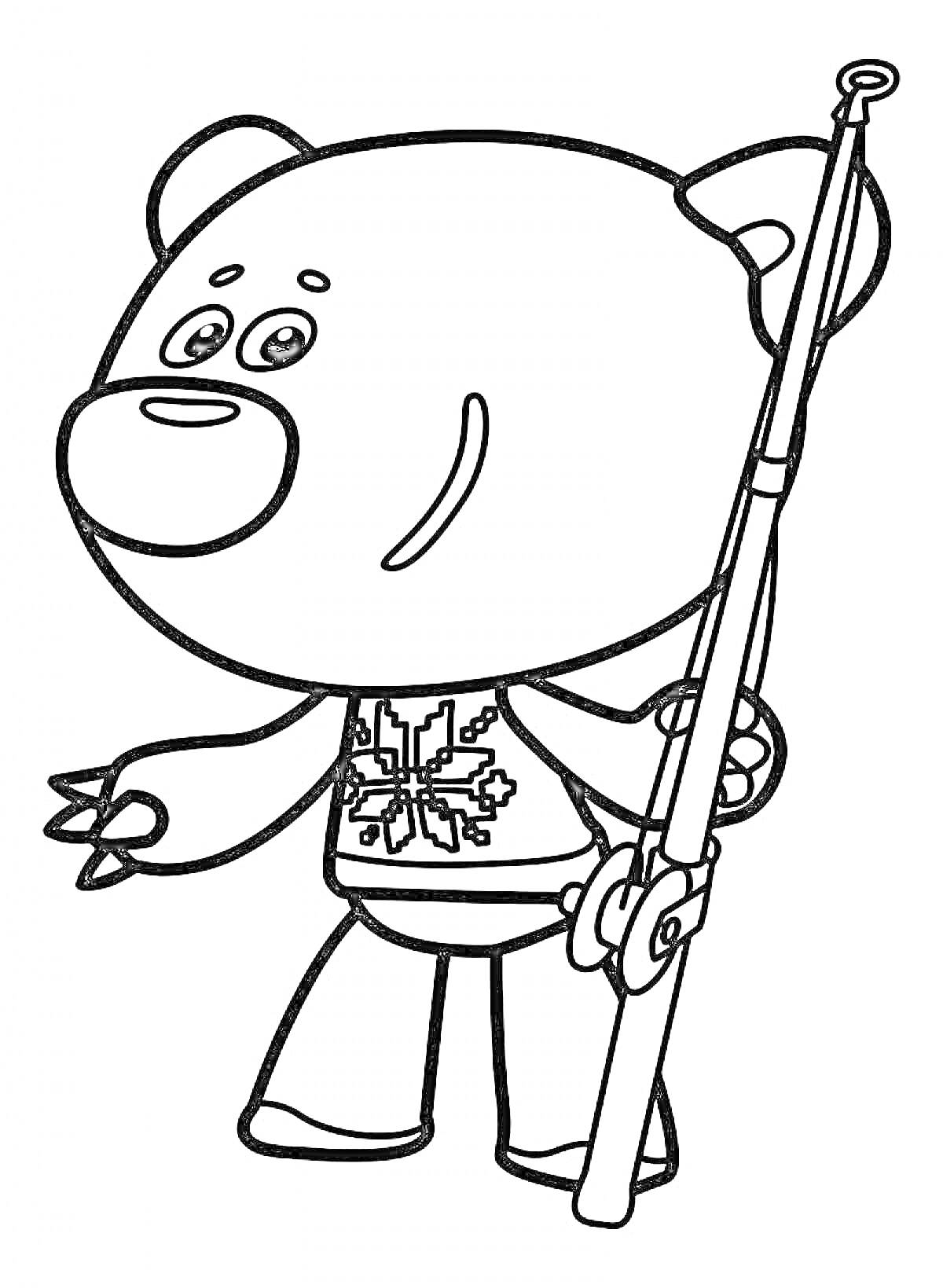 Раскраска Мимимишки - медведь с удочкой и свитером со снежинкой