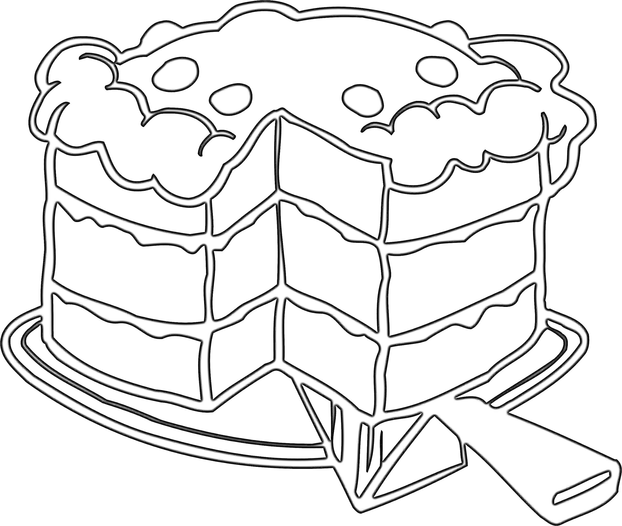 На раскраске изображено: Торт, Крем, Ягоды, Блюдо, Нож, Сладости, Выпечка, Десерты