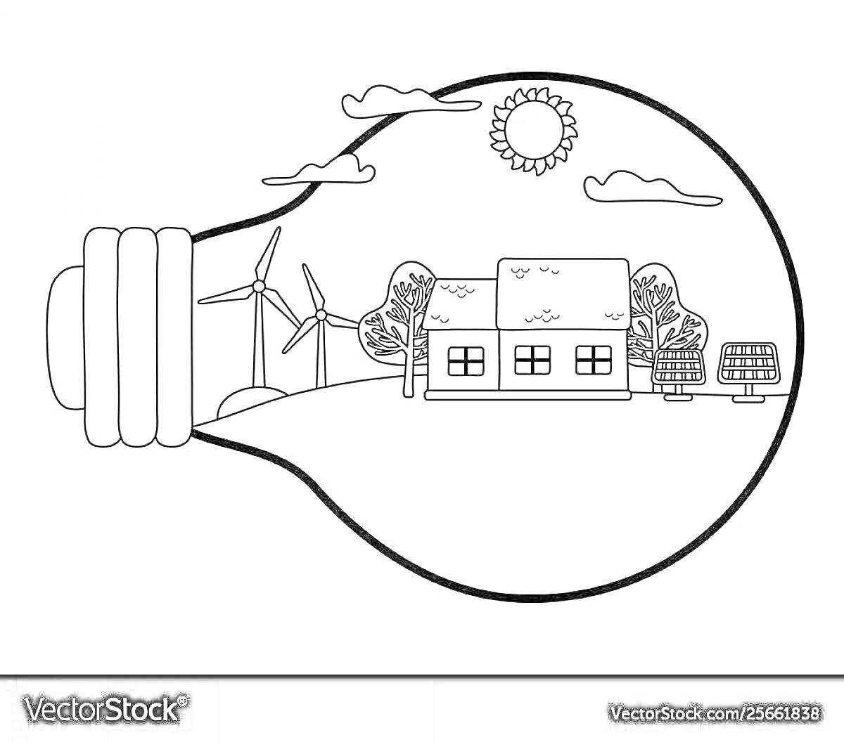 На раскраске изображено: Дом, Деревья, Солнечные панели, Электричество, Энергия, Экология, Природа, Солнце, Облака