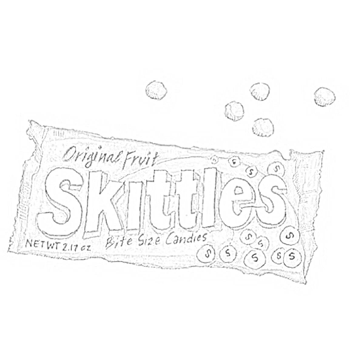 Раскраска Пакетик Skittles и пять конфет