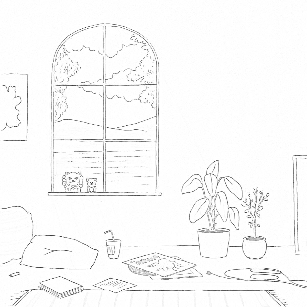 На раскраске изображено: Комнатные растения, Диван, Подушка, Утро, Эстетика, Свет, Уют, Минимализм, Окна