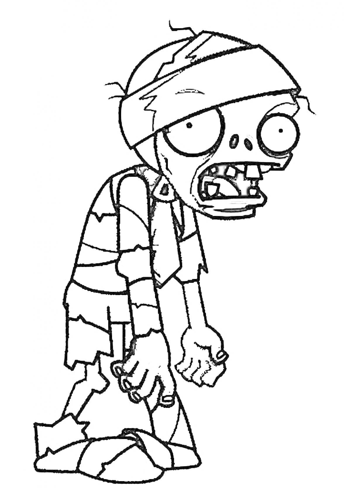 Раскраска Зомби с повязками на голове и теле, с большими глазами и открытым ртом