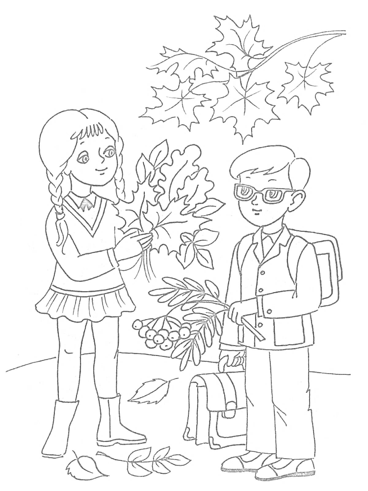 Девочка и мальчик с рюкзаками собирают осенние листья и ягоды