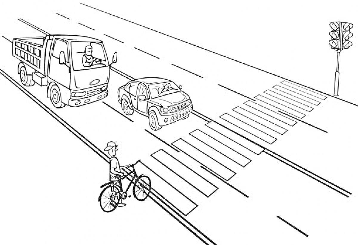 На раскраске изображено: Пешеходный переход, Велосипедист, Светофор, Грузовая машина, Дороги, Легковая машина