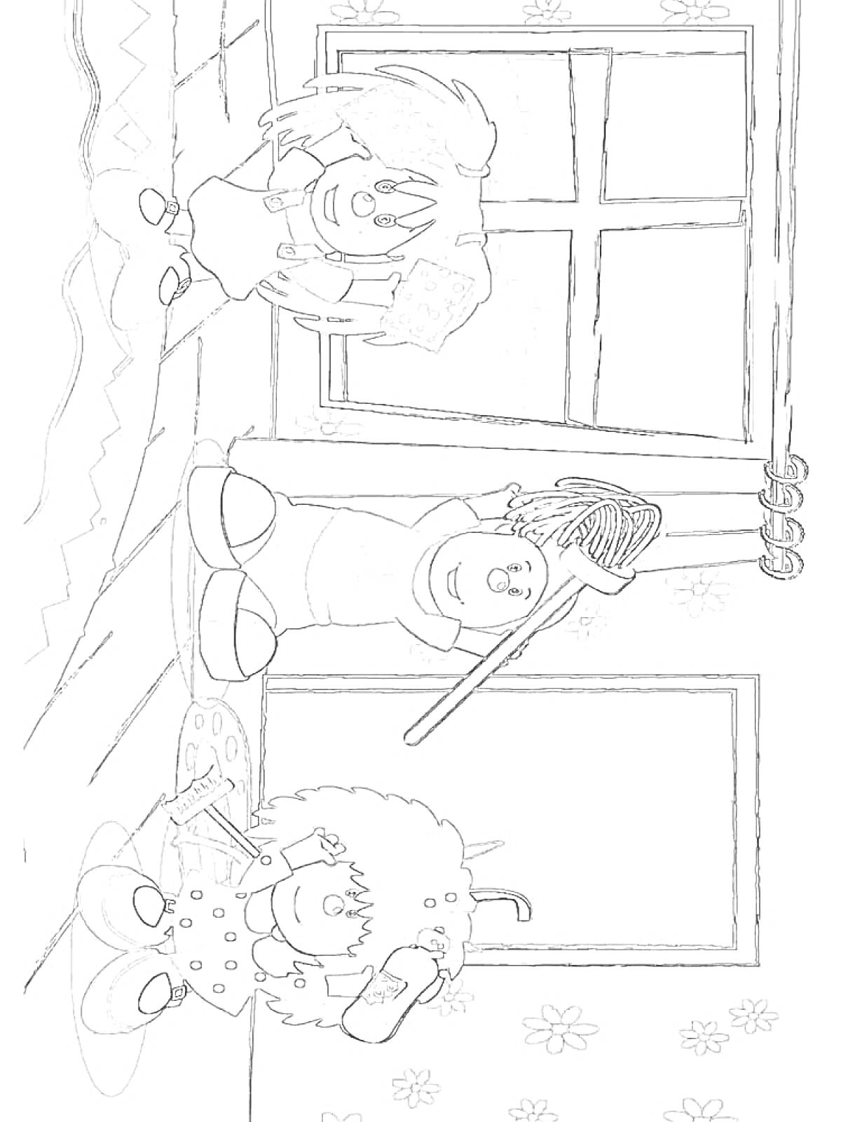 Барбарики в комнате с окном, девочка с феном и расческой, мальчик на полу с кисточкой, ребенок с метелкой и ведром.