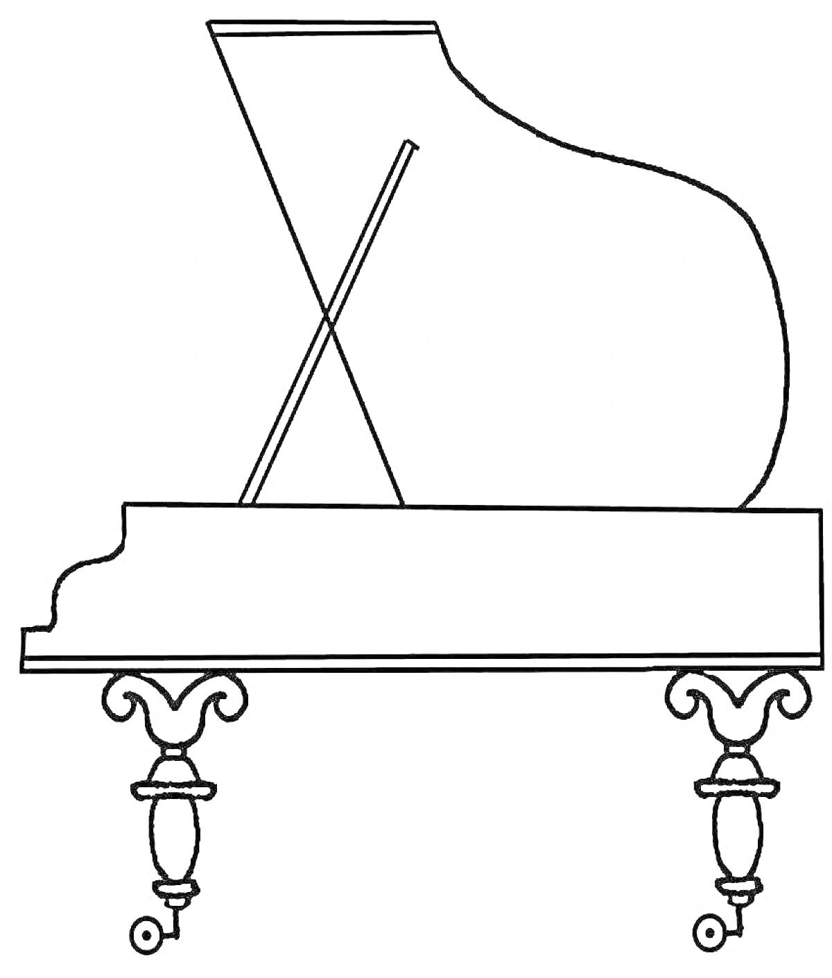 Раскраска Гранд-пиано с открытой крышкой и двумя ножками