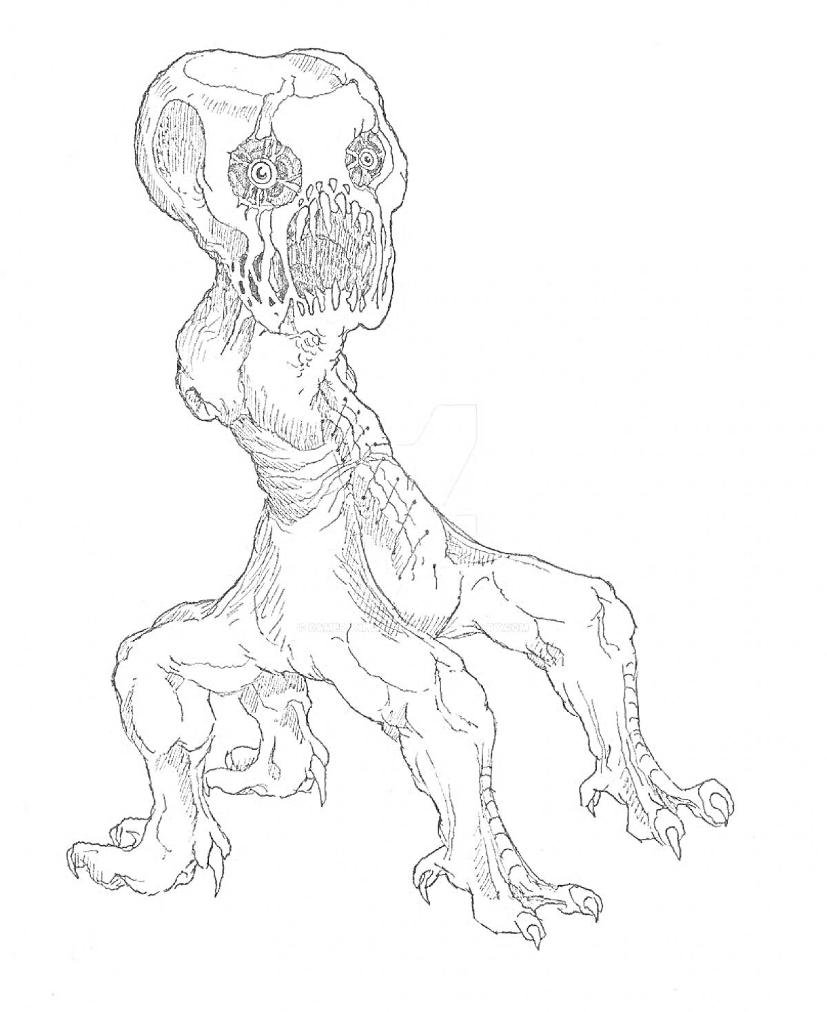 На раскраске изображено: Зомби, Мутант, Когти, Существо, Большая голова, Монстр, Устрашающий