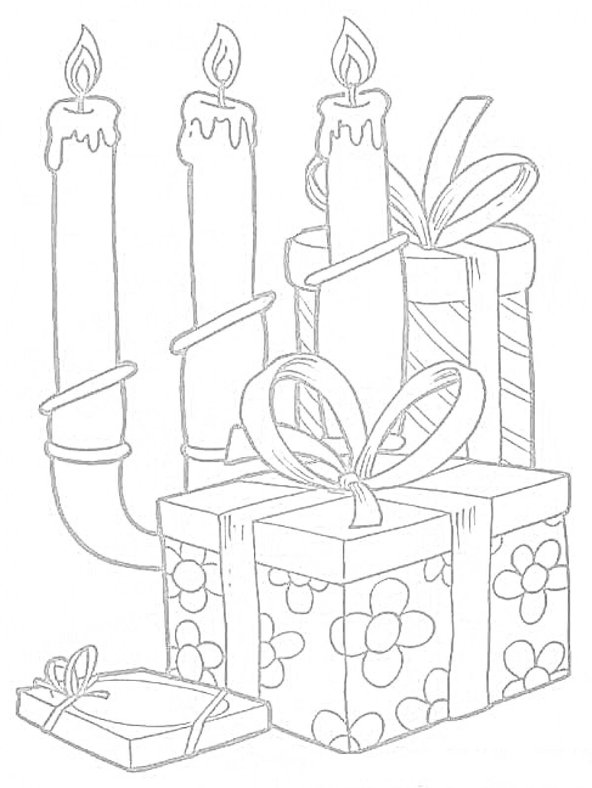 На раскраске изображено: Свечи, Подарки, Новый год, Цветы, Упаковка, Огонь, Узоры, Лента, Бант, Праздники
