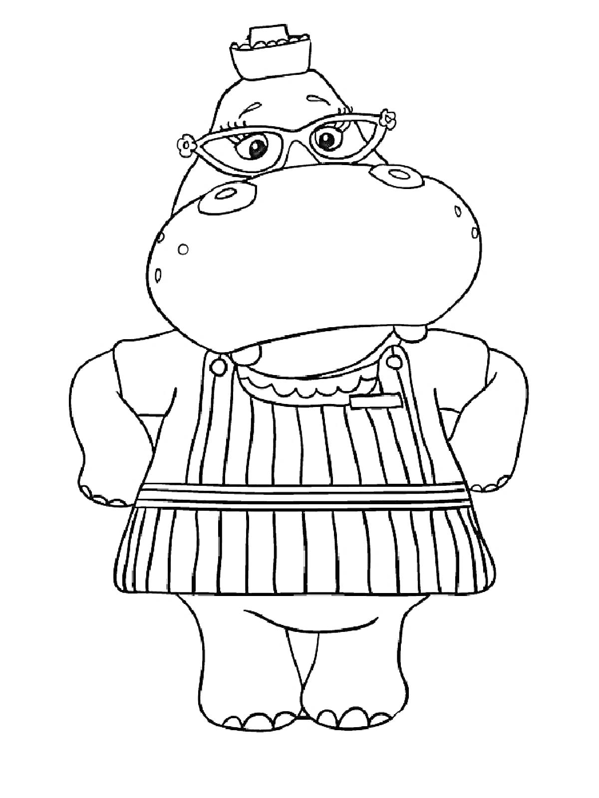 Раскраска Бегемотиха в очках и шляпе, в полосатом платье с воротником и бейджиком
