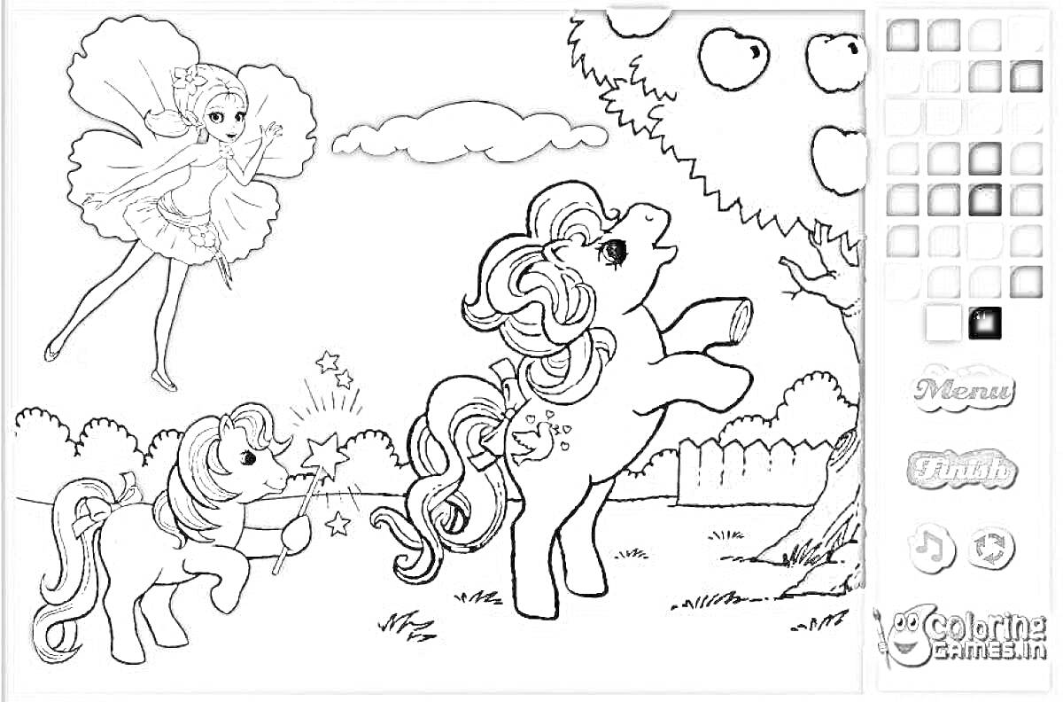 Раскраска Пони и фея под яблоней – две пони и фея с волшебной палочкой рядом с деревом с яблоками на фоне облаков и забора