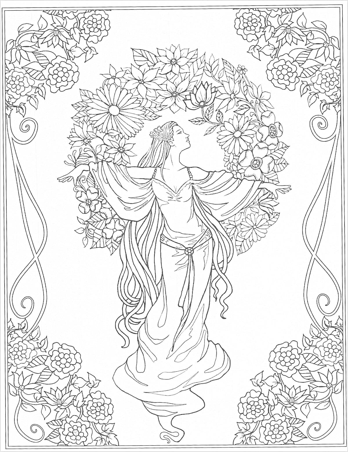 Раскраска Афродита, богиня с цветочным венком, в длинном платье