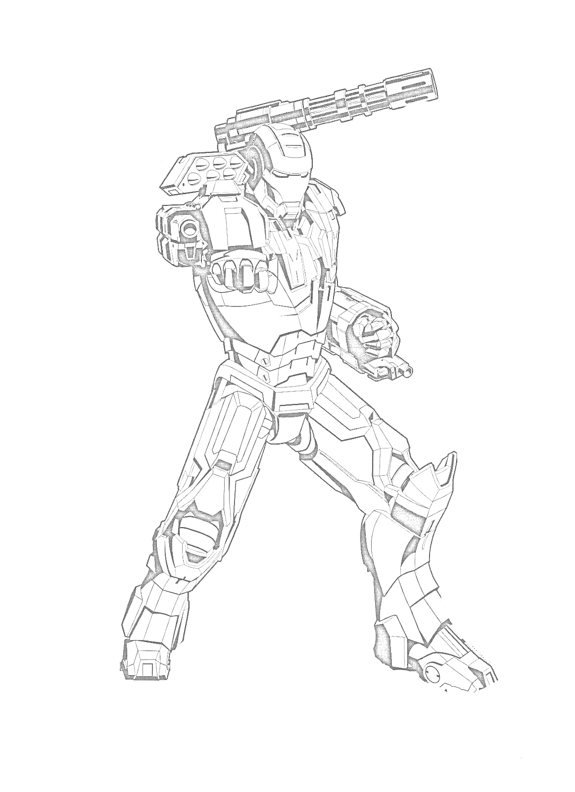 Раскраска Железный человек в полной боевой броне с пушкой на плече
