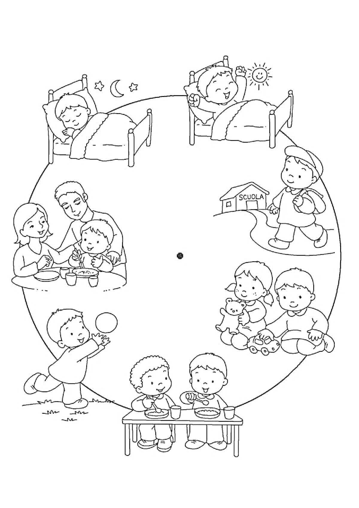 На раскраске изображено: Сон, Утро, Завтрак, Школа, Учеба, Игра, Обед, Семья, Вечер, Распорядок дня, 1 класс, Режим дня, День, Здоровье, Планирование, Детство