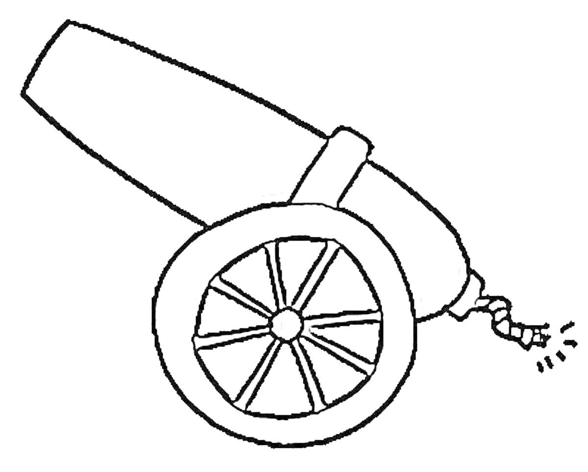 На раскраске изображено: Пушка, Колёса, Фитиль, Огонь, Военная техника, Артиллерия