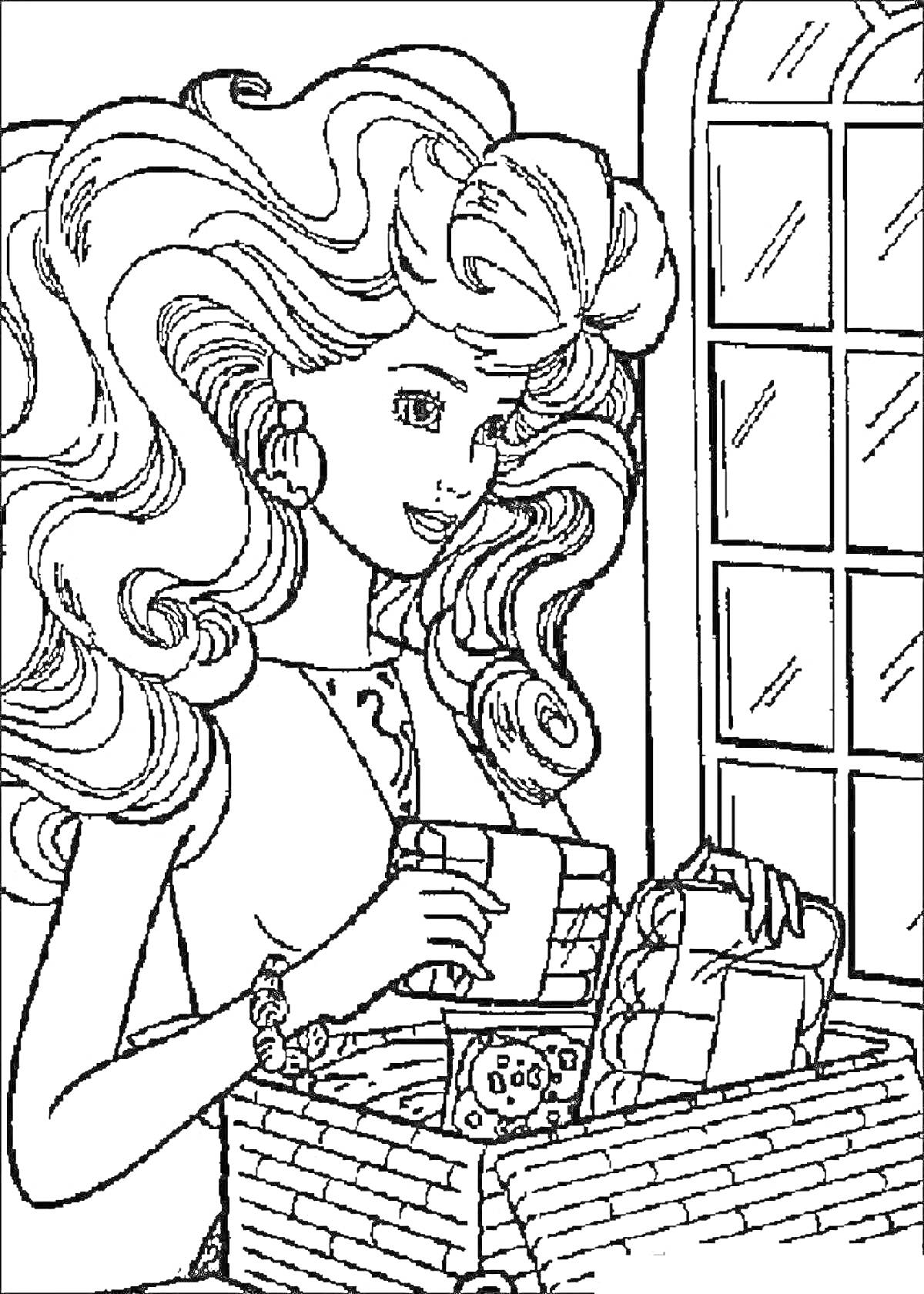 Раскраска Девушка с длинными вьющимися волосами и большими серьгами, держащая подарок у плетеной корзинки с другими подарками, на фоне окна