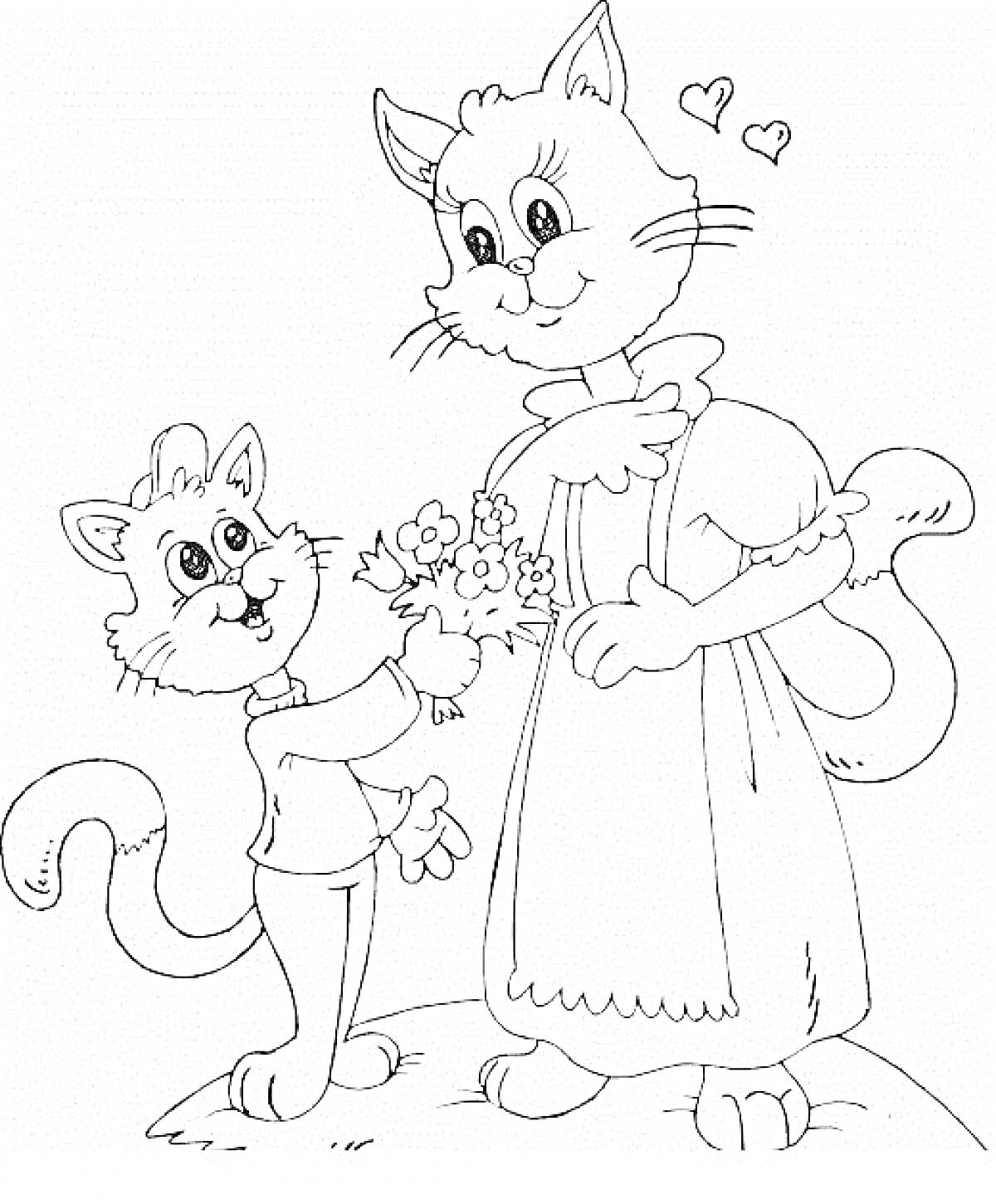 Раскраска Котенок дарит маме-кошке букет цветов на День Матери