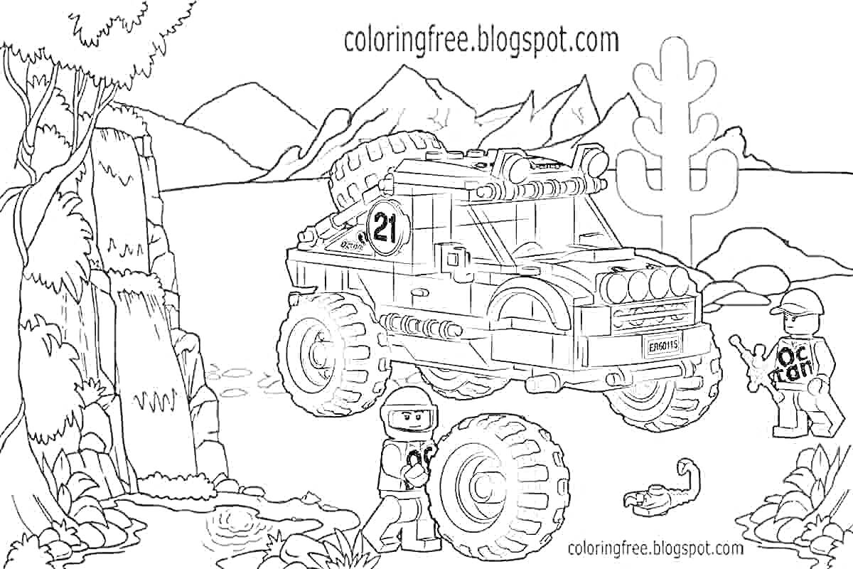 Раскраска Военные Лего в пустыне с джипом на больших колесах, двумя солдатами, кактусом и скорпионом у реки