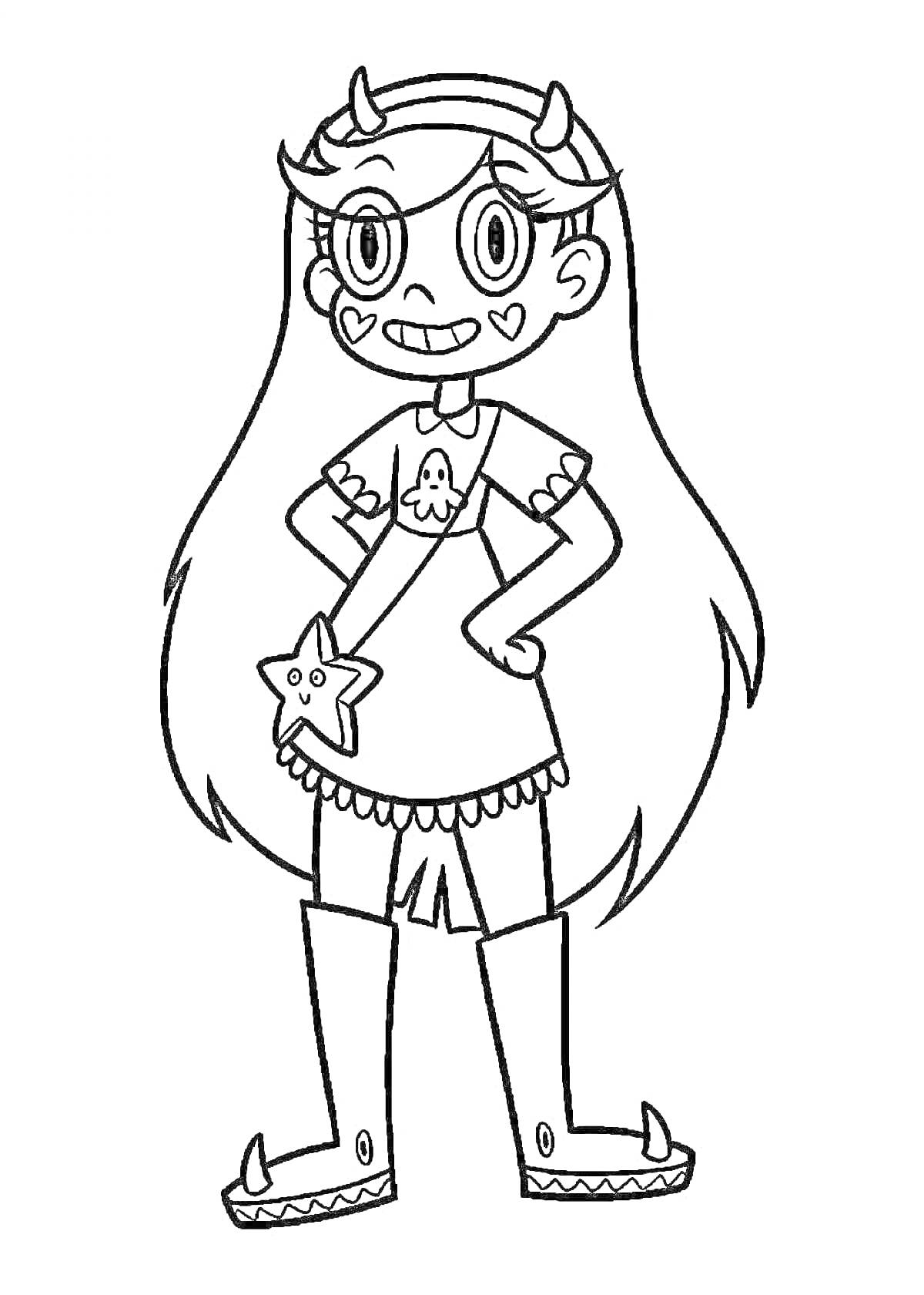 Раскраска Звездочка мальтийская принцесса с длинными волосами, рогами на голове, сердечками на щеках, в коротком платье с сумкой-звездой, в сапогах с шипами.