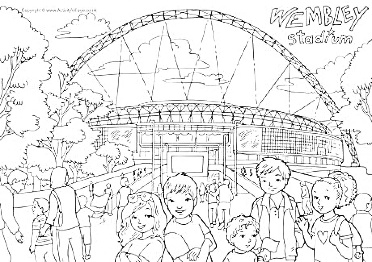 Раскраска Стадион Уэмбли, деревья, люди, улыбающиеся дети и взрослые