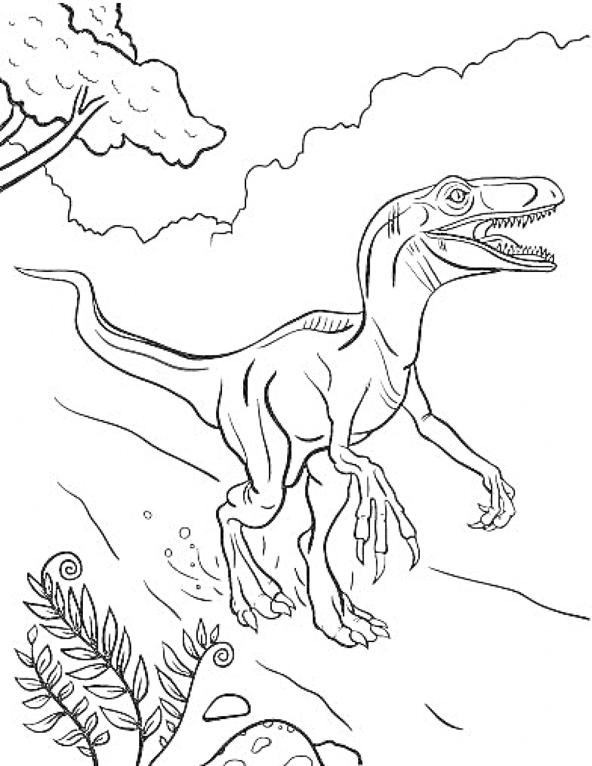 Раскраска Динозавр на лесном склоне с ветвями и растениями