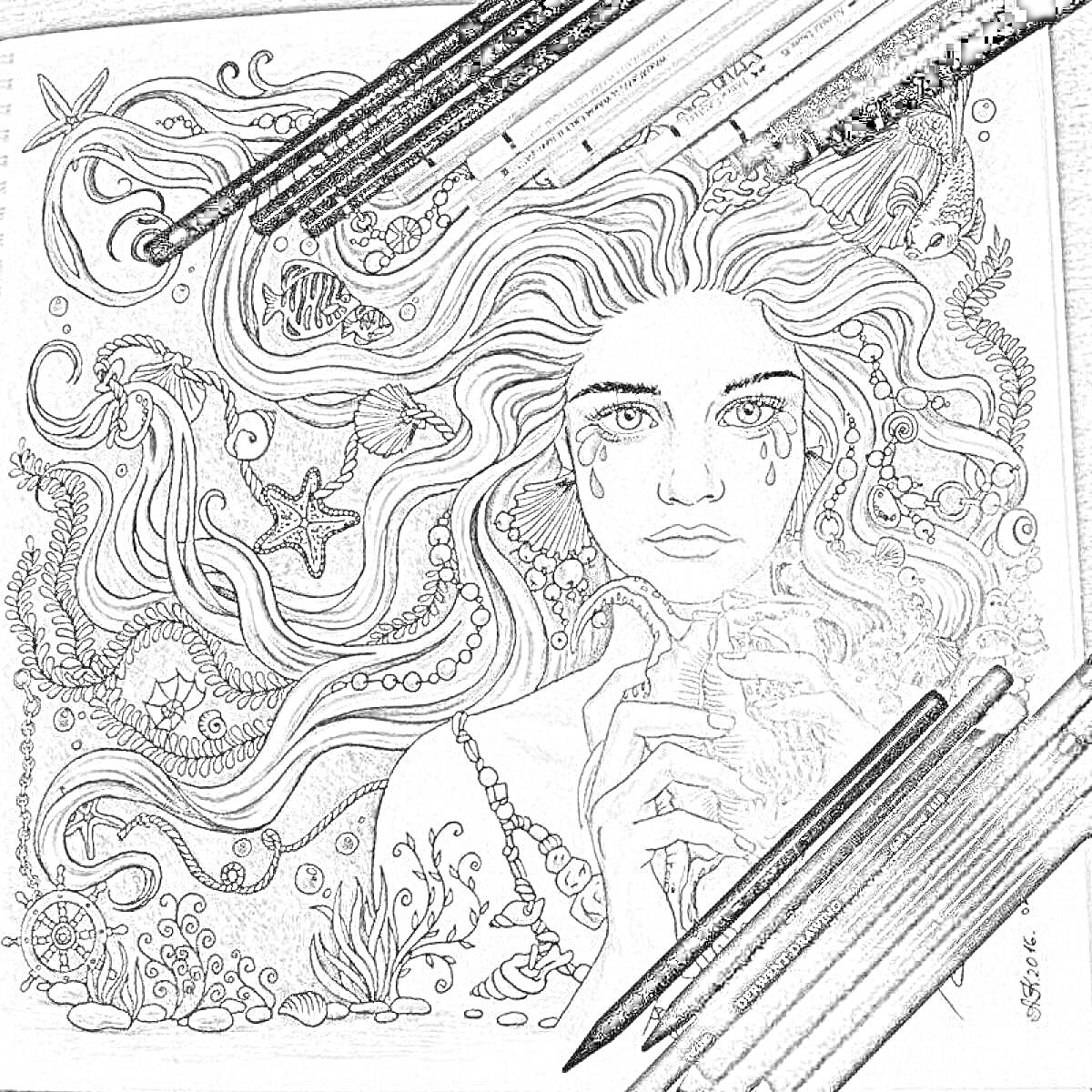 На раскраске изображено: Женщина, Раковина, Морские звезды, Длинные волосы
