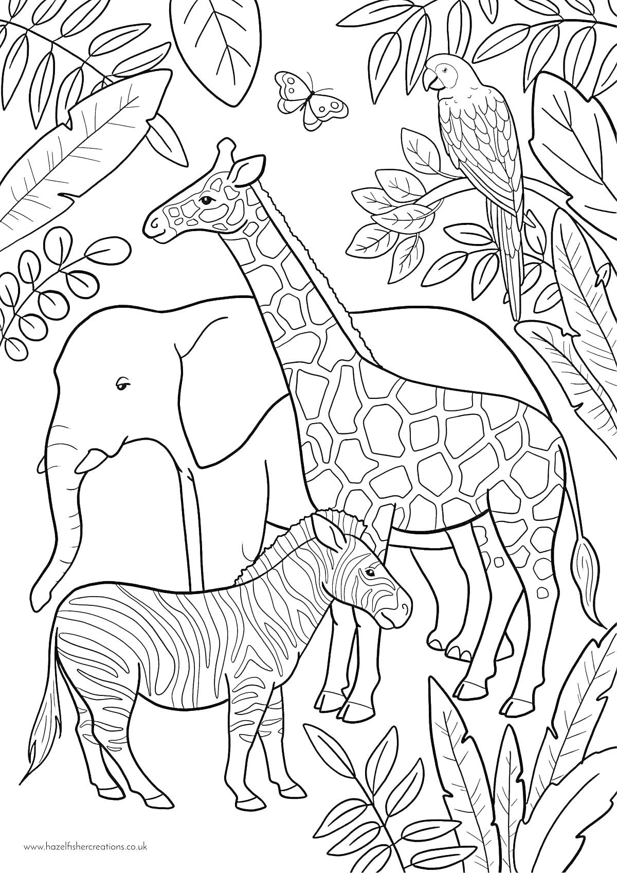 На раскраске изображено: Животные, Африка, Слон, Бабочка, Листья, Природа, Джунгли