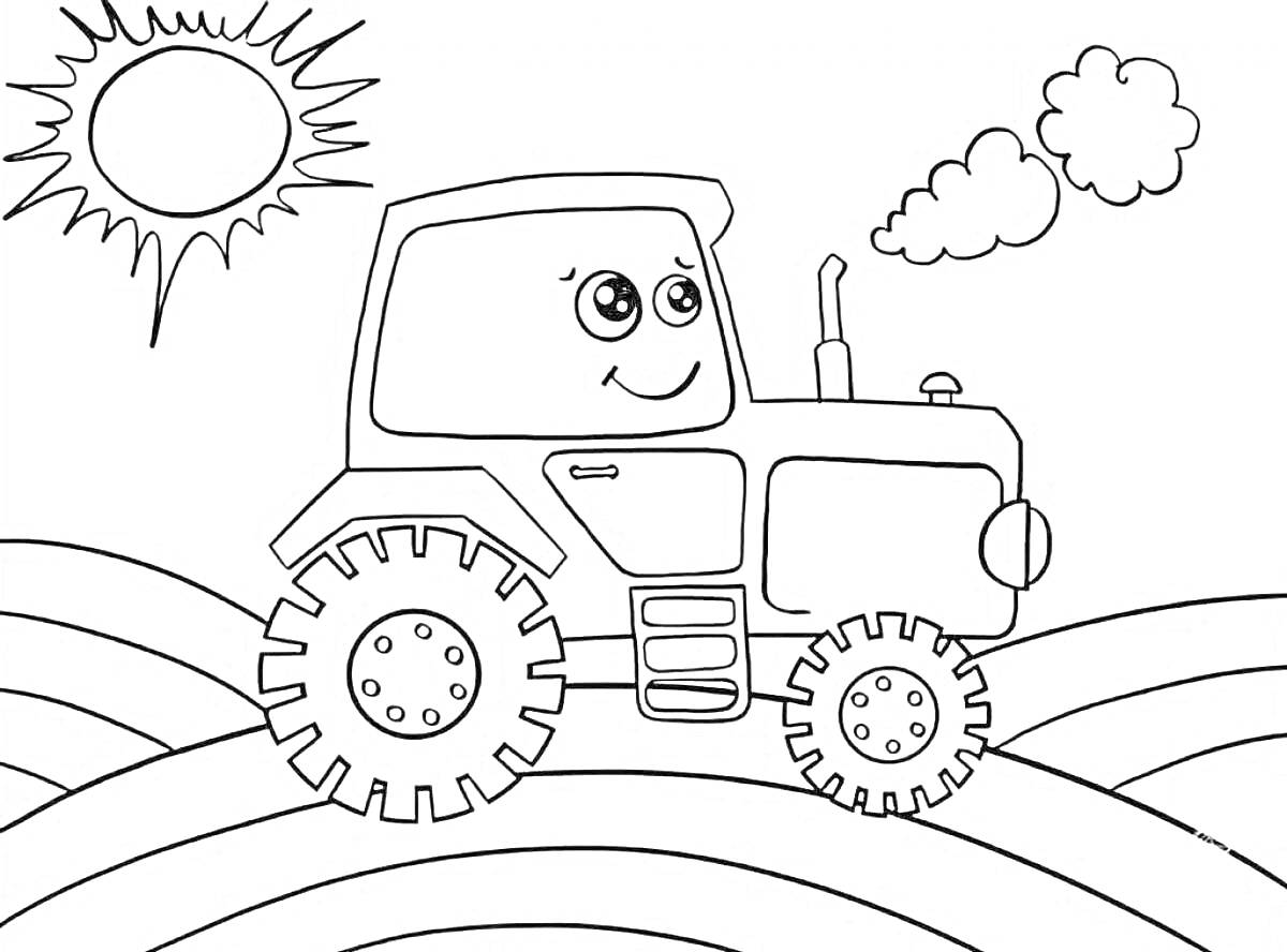 Раскраска Синий трактор едет по полю под солнцем