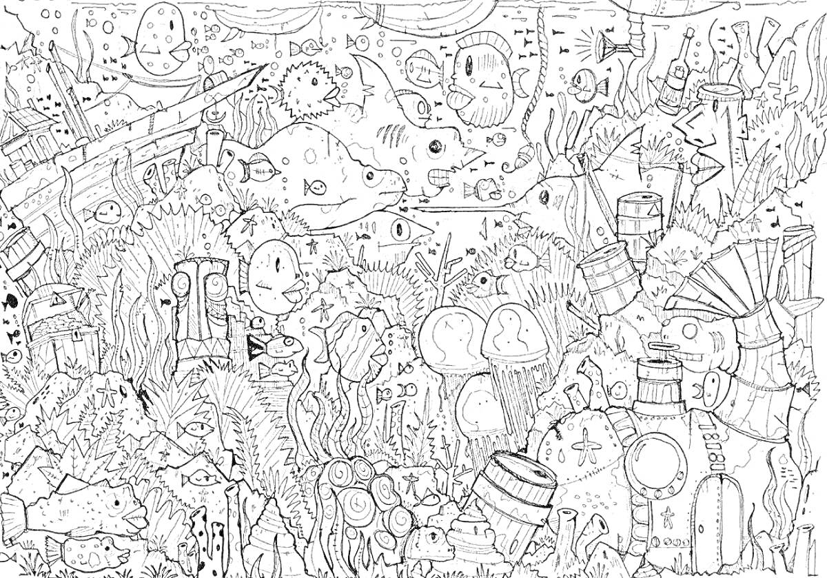 На раскраске изображено: Подводный мир, Кораллы, Морское дно, Подводные растения, Аквариум, Рыба, Лампа, Морские животные