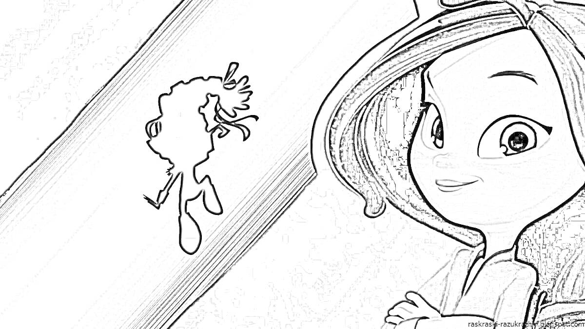 Раскраска Девочка с волнистыми волосами перед зеркалом и отражением в сказочном стиле из мультфильма 