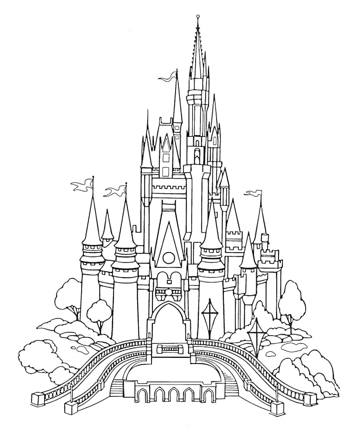 На раскраске изображено: Замок, Башни, Деревья, Мост, Из сказок, Крепость, Фэнтези, Флаг