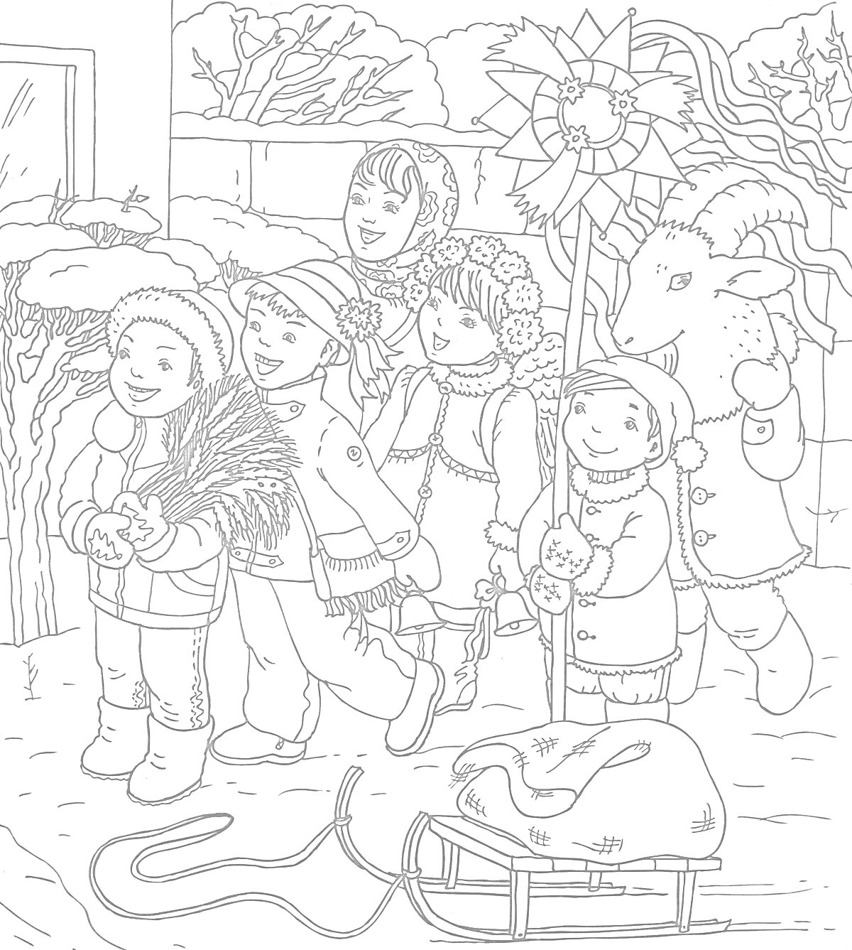 Группа детей на колядках с рождественскими песнями у дома, два мальчика с рождественской звездой и снопом, девочка с венком, ребенок в костюме козла, снежный пейзаж, санки