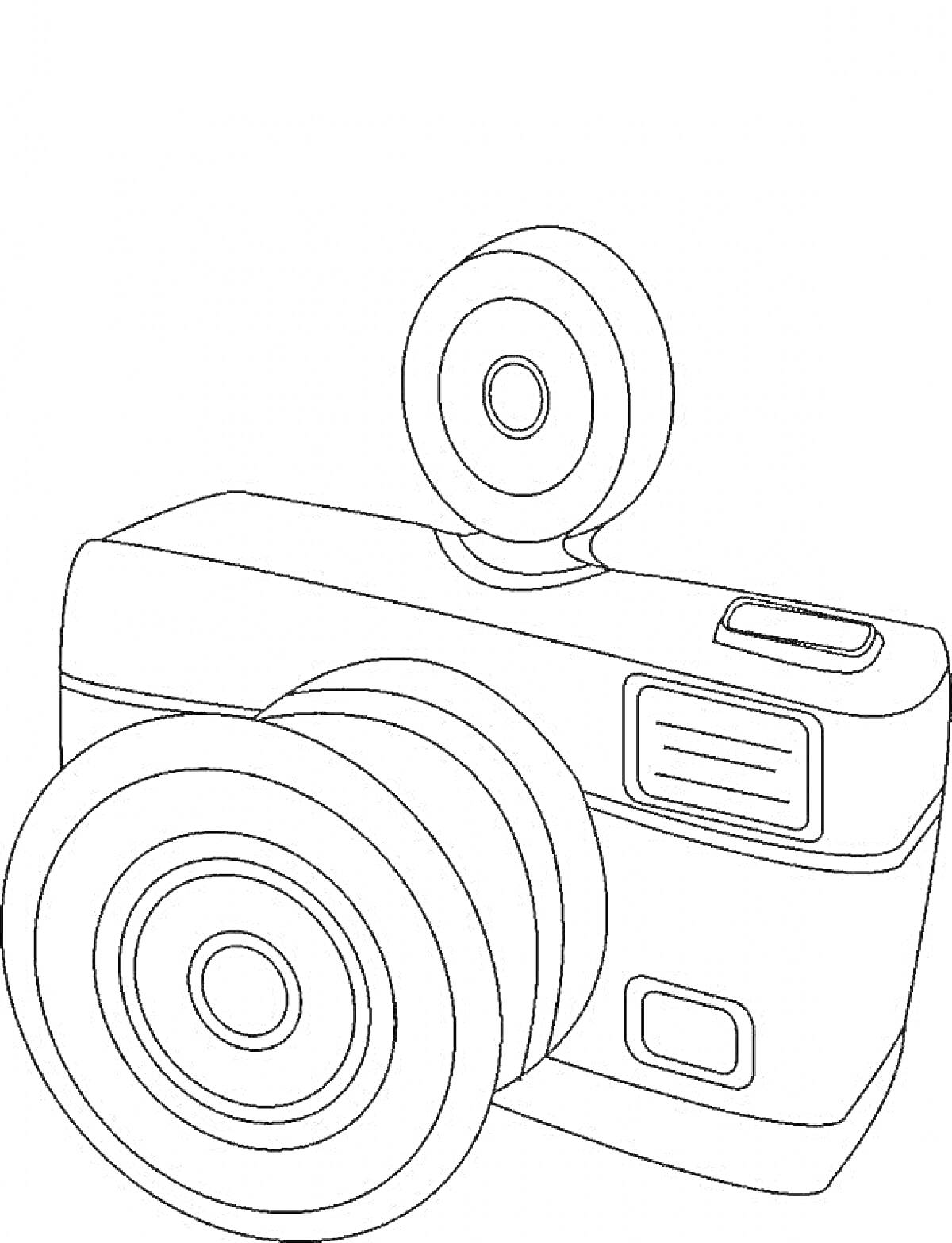 Раскраска Фотоаппарат с объективом и вспышкой