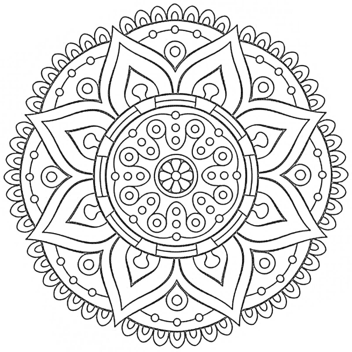 На раскраске изображено: Мандала, Богатство, Центральный цветок, Геометрические узоры, Медитация