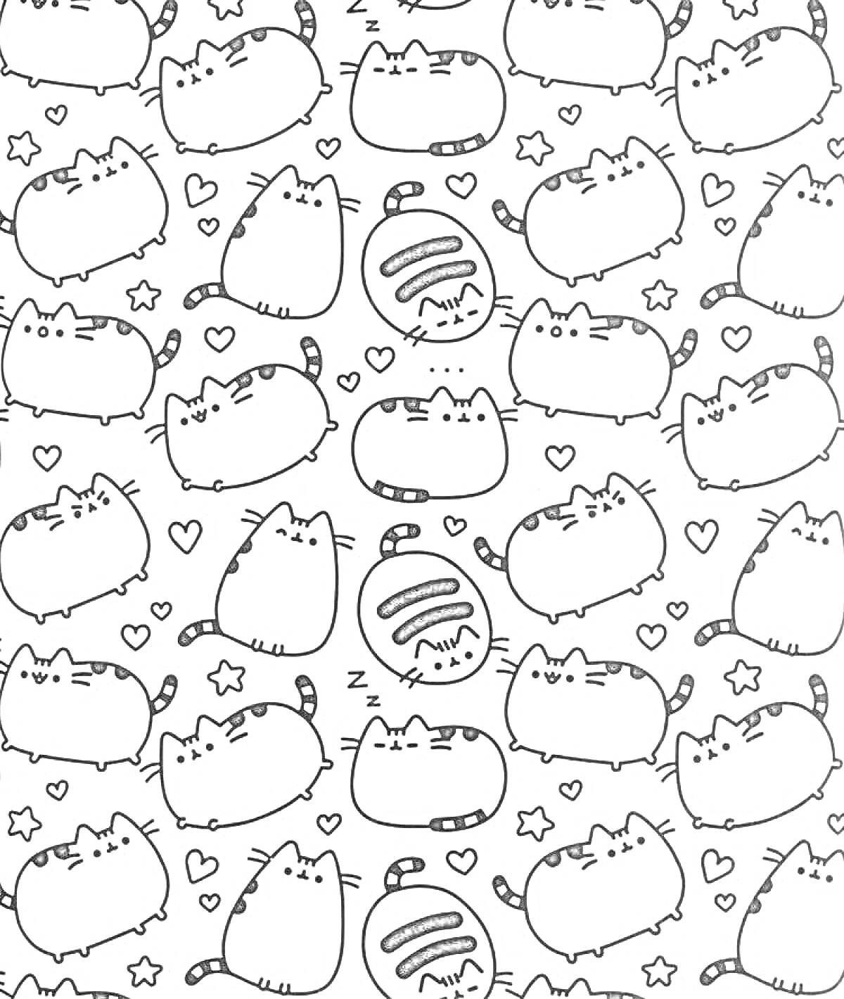 Раскраска Котики и символы (спящие котики, звездочки, сердечки)