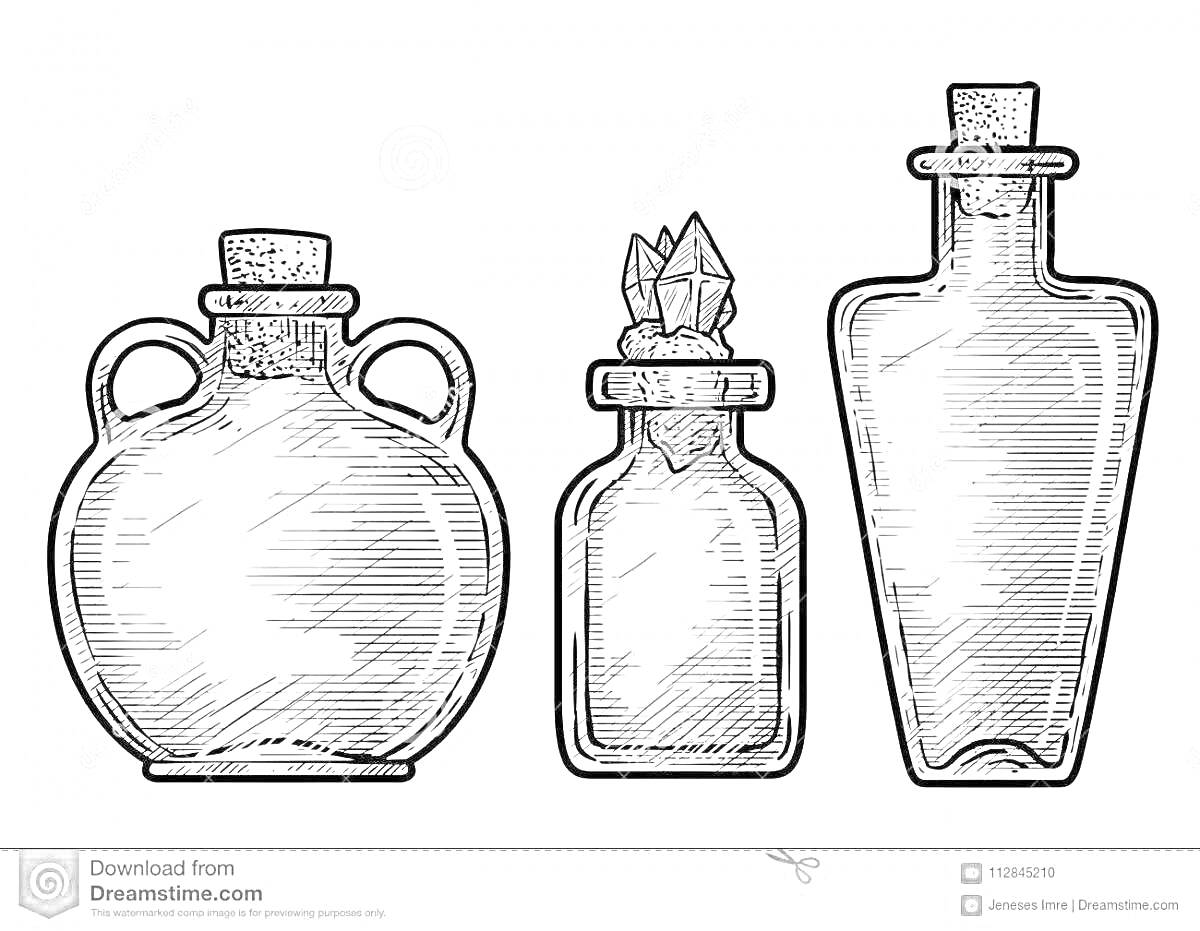 Раскраска Три бутылки с зельем - круглая бутылка с двумя ручками, бутылка с кристаллом в пробке, высокая бутылка с узким горлышком