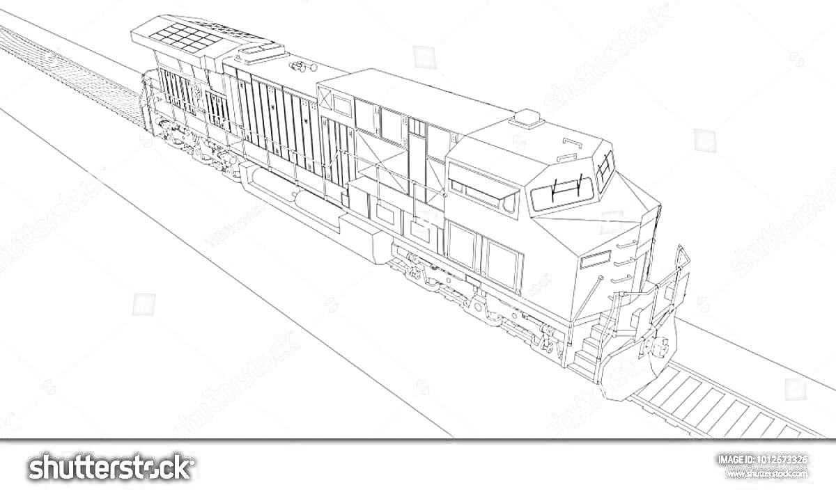 На раскраске изображено: Локомотив, Железнодорожный транспорт, Рельсы, Поезд, Железная дорога, Контурные рисунки, Чертежи