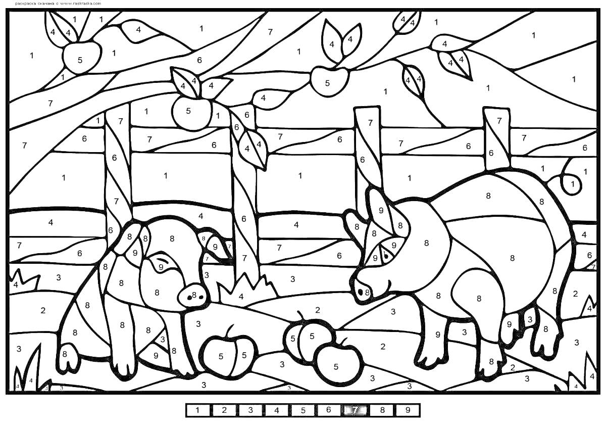 На раскраске изображено: Свиньи, Забор, Ферма, Природа