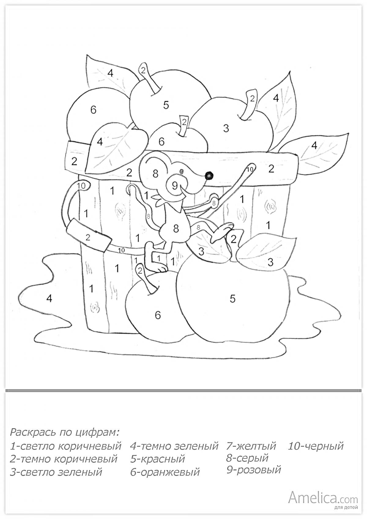Раскраска Корзина с яблоками и обезьянка