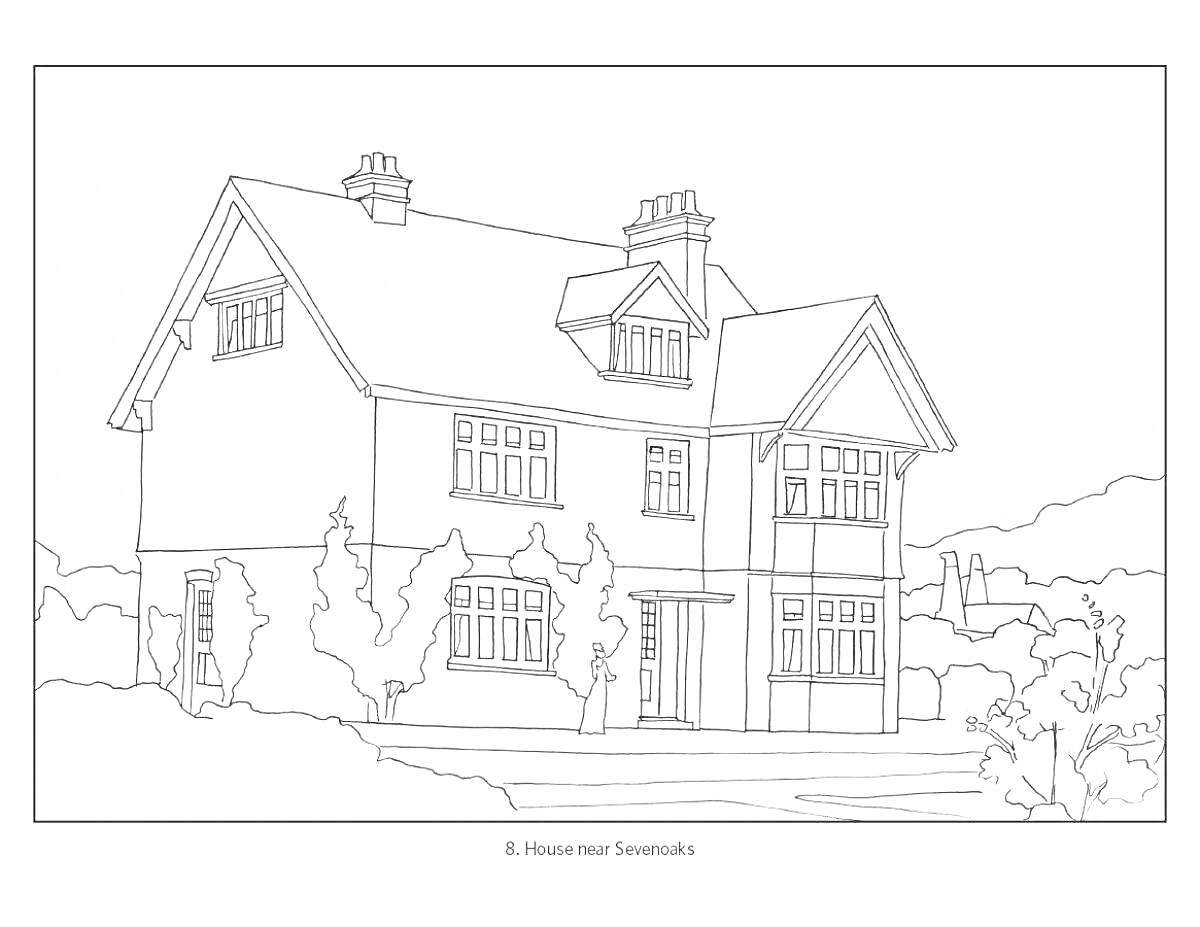 На раскраске изображено: Дом, Сад, Окна, Крыша, Труба, Дверь, Веранда