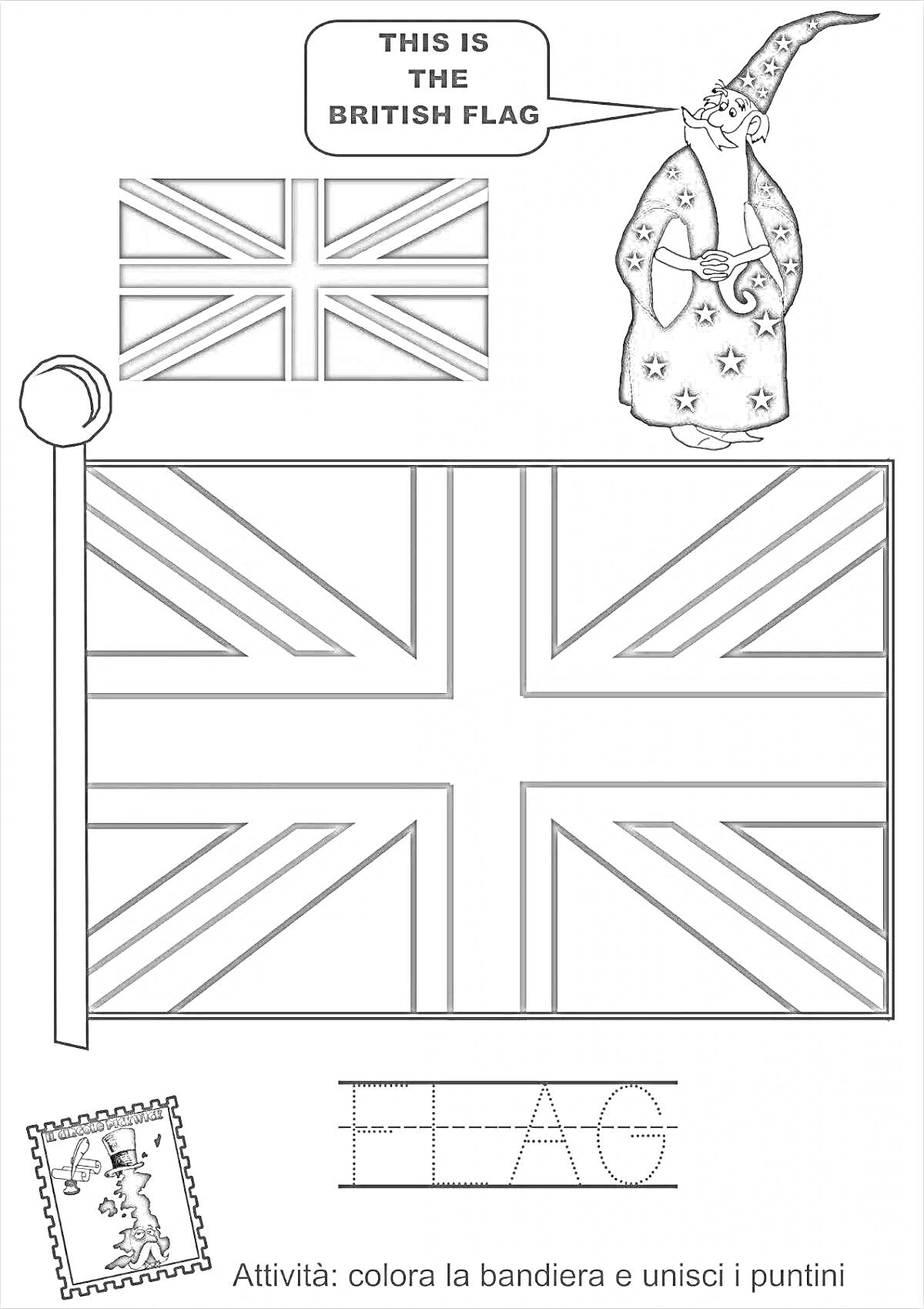 На раскраске изображено: Флаг, Великобритания, Волшебник, Надпись, Соединить точки