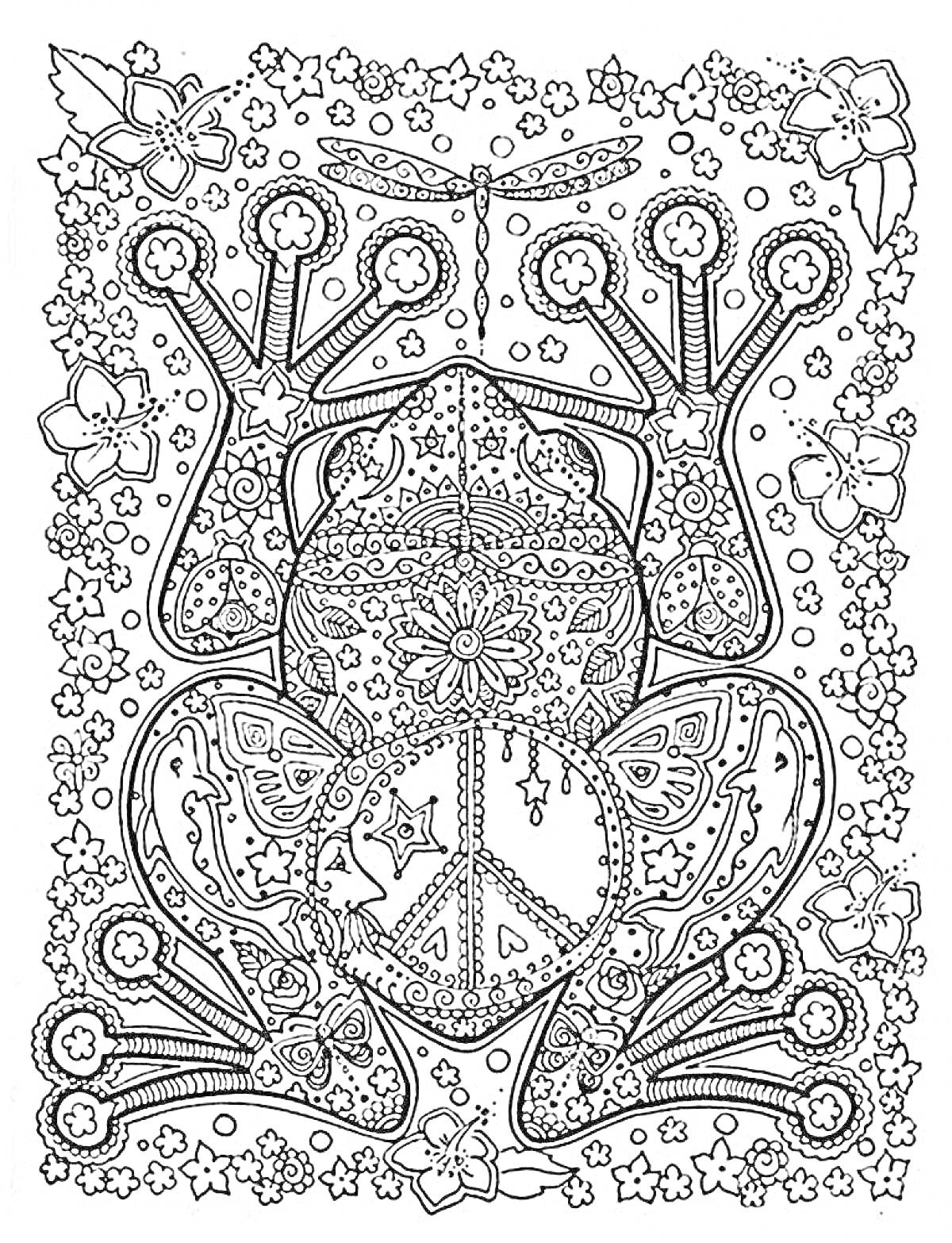 Раскраска Лягушка с узорами и символом мира, окруженная цветами и бабочками