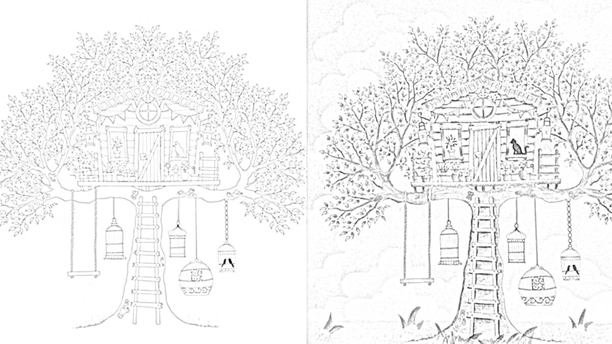 На раскраске изображено: Дом на дереве, Лестница, Облака